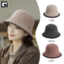 新款帽子女秋冬羊毛軟氈漁夫帽保暖雙色百搭針織拼接羊毛呢盆帽