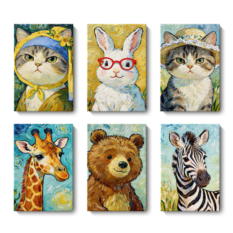 Cross-Border New Van Gogh Oil Painting Style Bear Zebra Cat Cute Animal Art Decorative Painting Children's Room Hanging Painting
