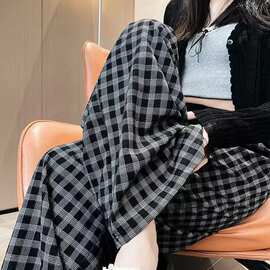 2026年女夏季薄款胖mm时尚遮肉垂感长裤韩版宽松显瘦格子裤阔腿裤