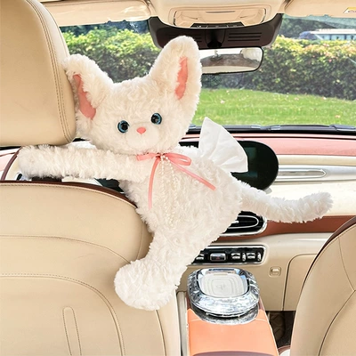 New cat-themed car tissue box 2026 new model with a high-end feel, creative hanging tissue bag for the car (Car tissue box/set) - long-handled-sitting-cat-tissue-box-white