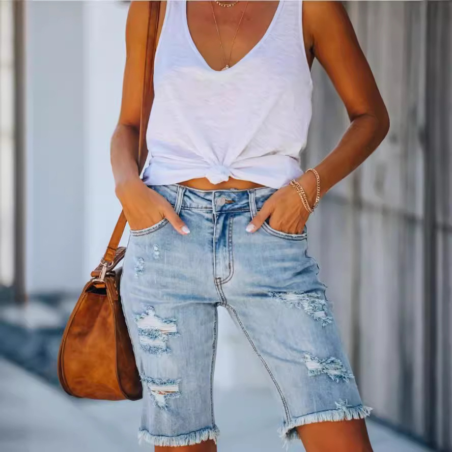 European and American jeans Amazon wish independent station cross-border American flag tassel star print denim girls shorts