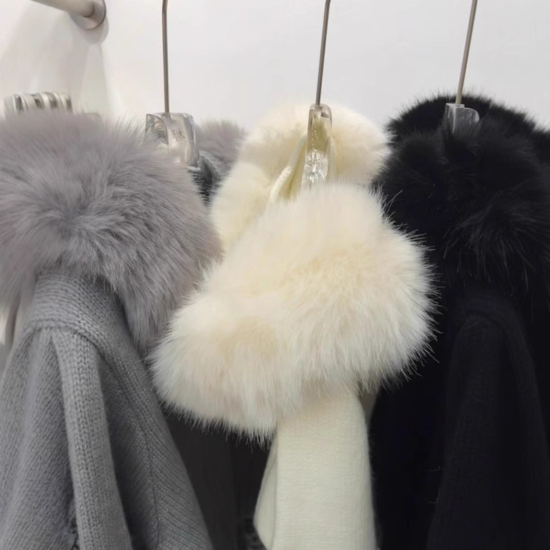 Cross-Border Autumn and Winter New Thickened Hooded Large Fur Collar Knitwear Tops and Jackets for Women Hooded Fashionable Versatile Jackets Cross-Border Autumn and Winter New Thickened Hooded Large Fur Collar Knitwear Tops and Jackets for Women Hooded Fashionable Versatile Jackets