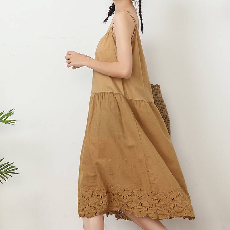 Korean Style Simple French Style Artistic Girl's Large Swing Skirt Long Loose Sling Dress Embroidered Hollow Cotton Linen Women's Clothing