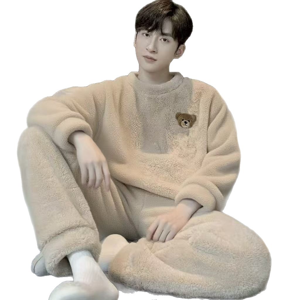 Pijamas de coral de lana para hombre invierno nuevo dulce dibujos animados geométricos osos simple fuera de vestir ropa casera