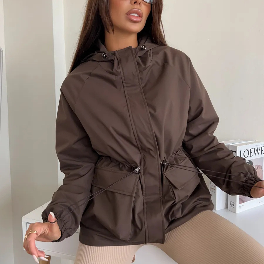 European and American Cross-Border Casual Fashion Women's Jacket Long-Sleeved Hooded Drawstring Waterproof Jacket Loose Outdoor Mountaineering Clothing