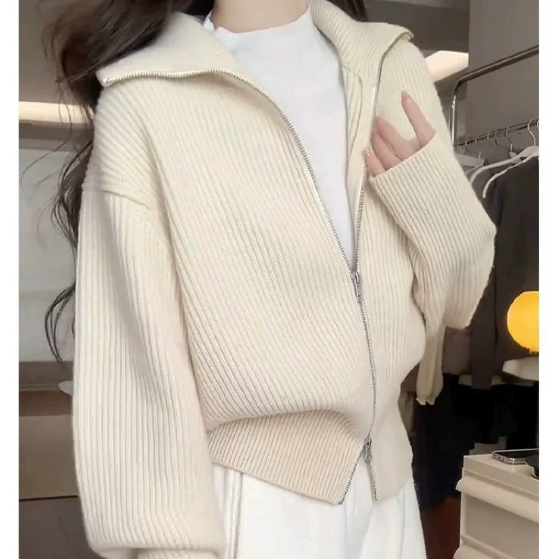 Вязаный демисезонный кардиган с молнией, белый свитер, куртка, oversize, увеличение толщины