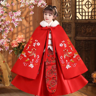 Han Dynasty Girls' Cloak, Velvet and Thickeneded Winter Original 2024 New Kidsren's New Year's Greetings Hooded Jacket