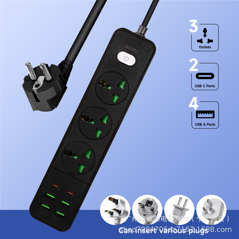 Venta directa transfronteriza enchufe estándar europeo, placa de conexión USB + tipo-C de carga rápida inteligente, interruptor explosivo, enchufe con cable