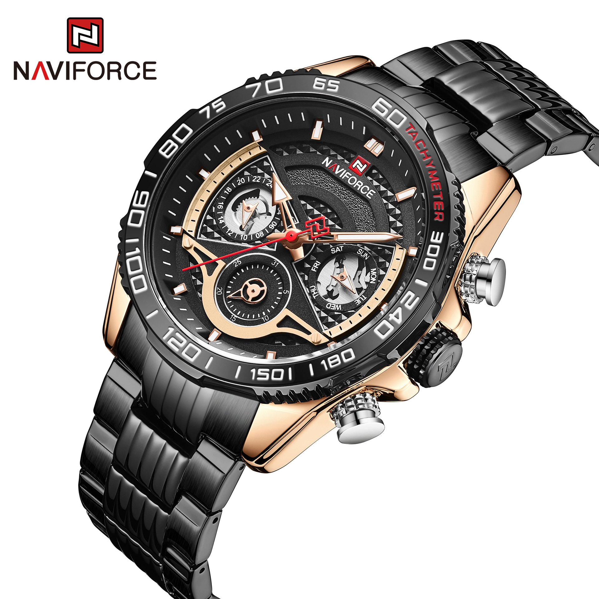 Relógio esportivo masculino com calendário, pulseira de aço e modelo 9185 Six NAVIFORCE/Lingxiang Pin._voghion.com