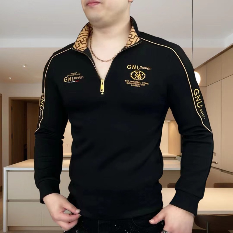 秋の男性の百合の修身刺繍の半ファスナーのpoloシャツのファッションはやせています。|undefined