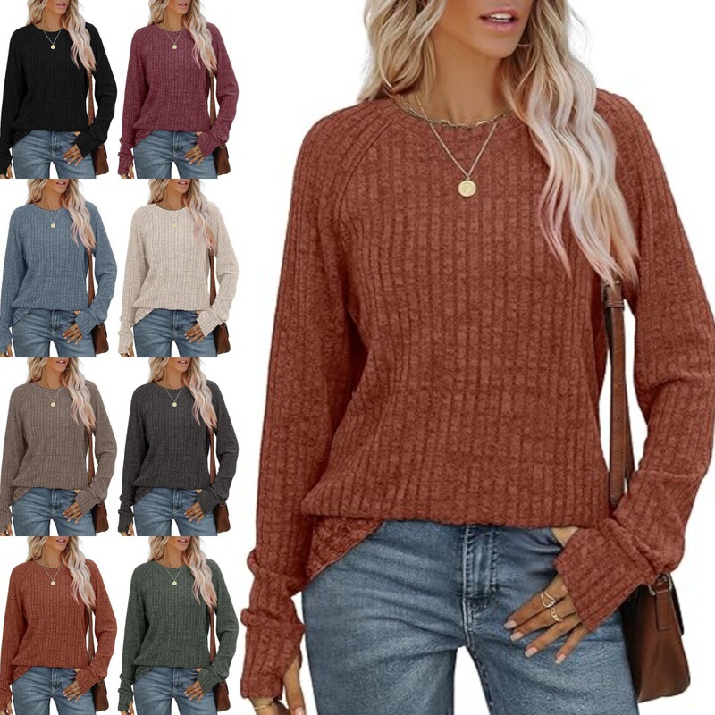 Amazon Cross-border European and American Women's Loose Casual Long-sleeved Crewneck T-shirt Pit Scrub Top with Thumb Hole for Women