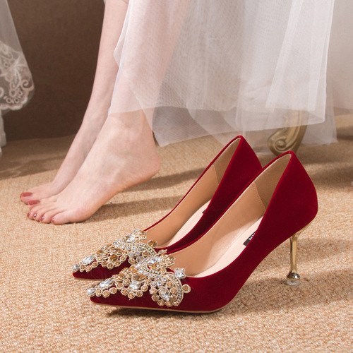 Rhinestone flower wedding shoes  new bridal shoes wedding dress two-wear design niche stiletto high heels women's single shoes