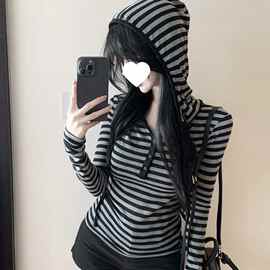 8888 拉架 连帽长袖T恤女秋新款美式复古条纹小众ins潮上衣