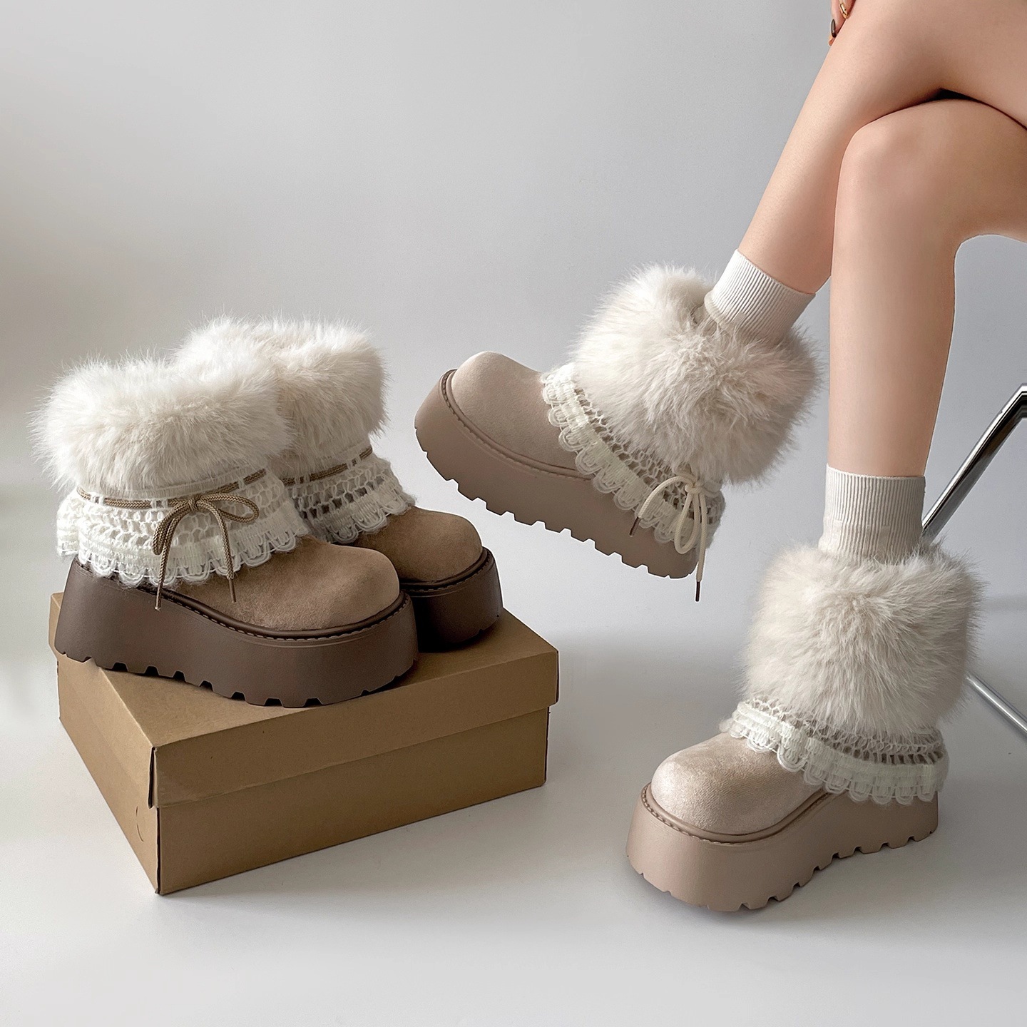 厚底增高毛毛雪地靴女2025秋冬新款防滑东北加厚棉鞋毛茸茸棉短靴