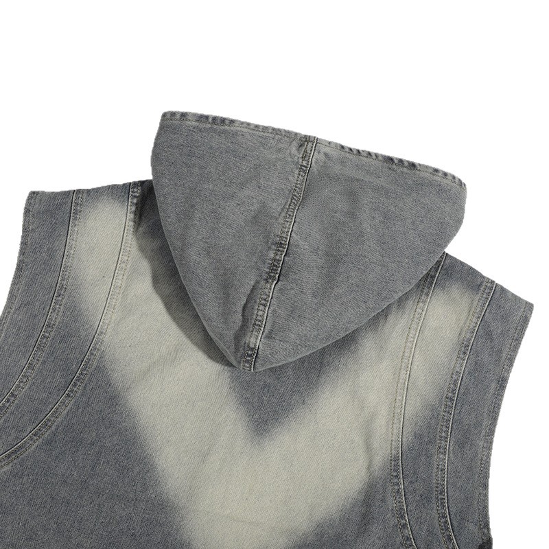 Comercio exterior chaleco de vaqueros con capuchón hombre y mujer primavera y otoño chaleco corto de tamaño grande con sombrero casual con hombros sin mangas