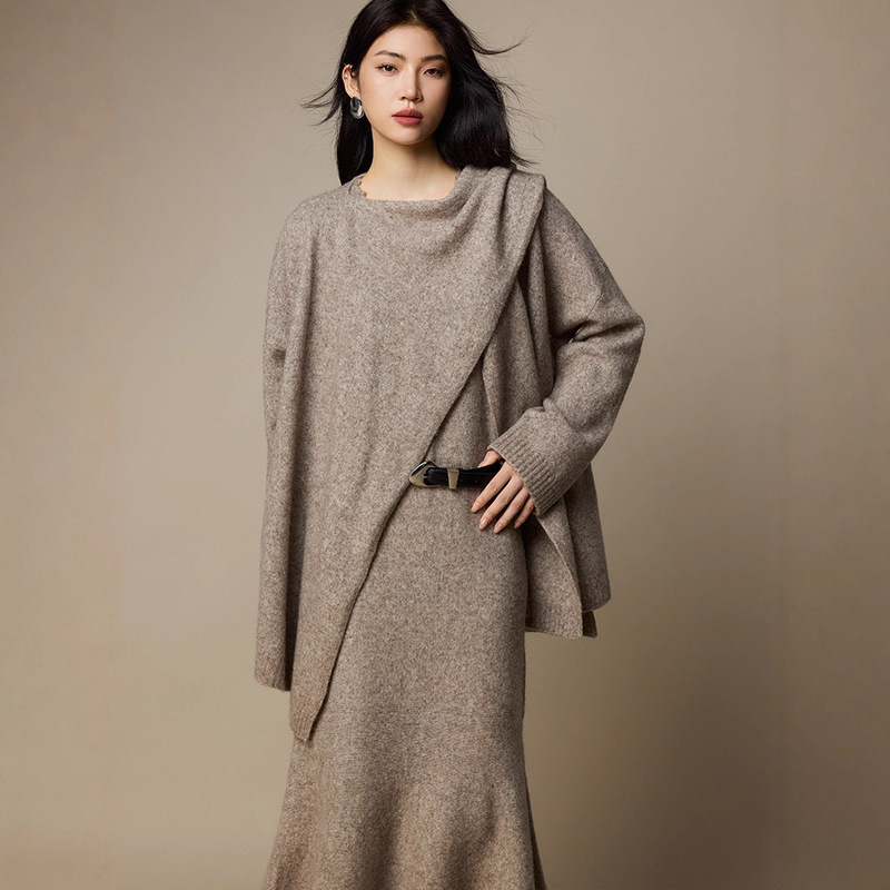 Designed Yak Velvet Sweater Women's Autumn and Winter Outwear 2025 New Women's Asymmetrical Ribbon Wool Knitted Cardigan