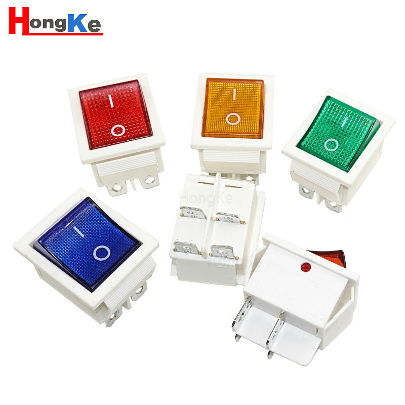 KCD4四脚带灯船型开关翘板船形电源开关白色底座黄盖两档红盖铜脚