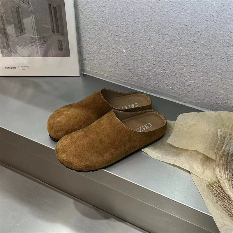 Пальто-версия из буйволовой кожи с высоким содержанием ~! Женские кожаные полурванные туфли на квадратные подошвы 2024 осень и зима новая обувь для одной ноги ленивый баирен сумка тапочки