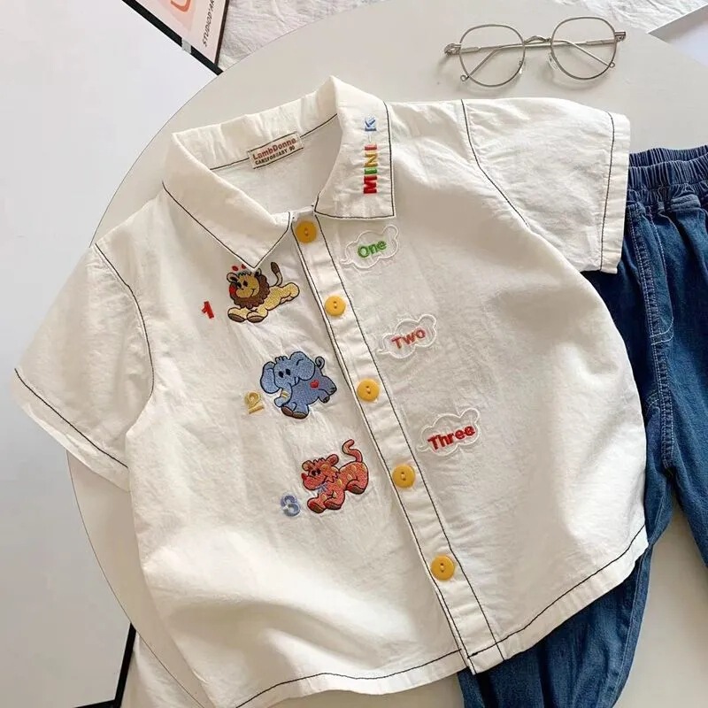 Knock Cute Little Shirt ~ Boys Japanese Style Summer Cartoon Embroidered White Shirt Children Baby Lapel Top