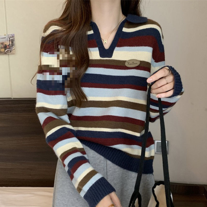 宽松显瘦80-200斤秋冬韩版POLO领上衣条纹女针织衫慵懒风穿搭毛衣