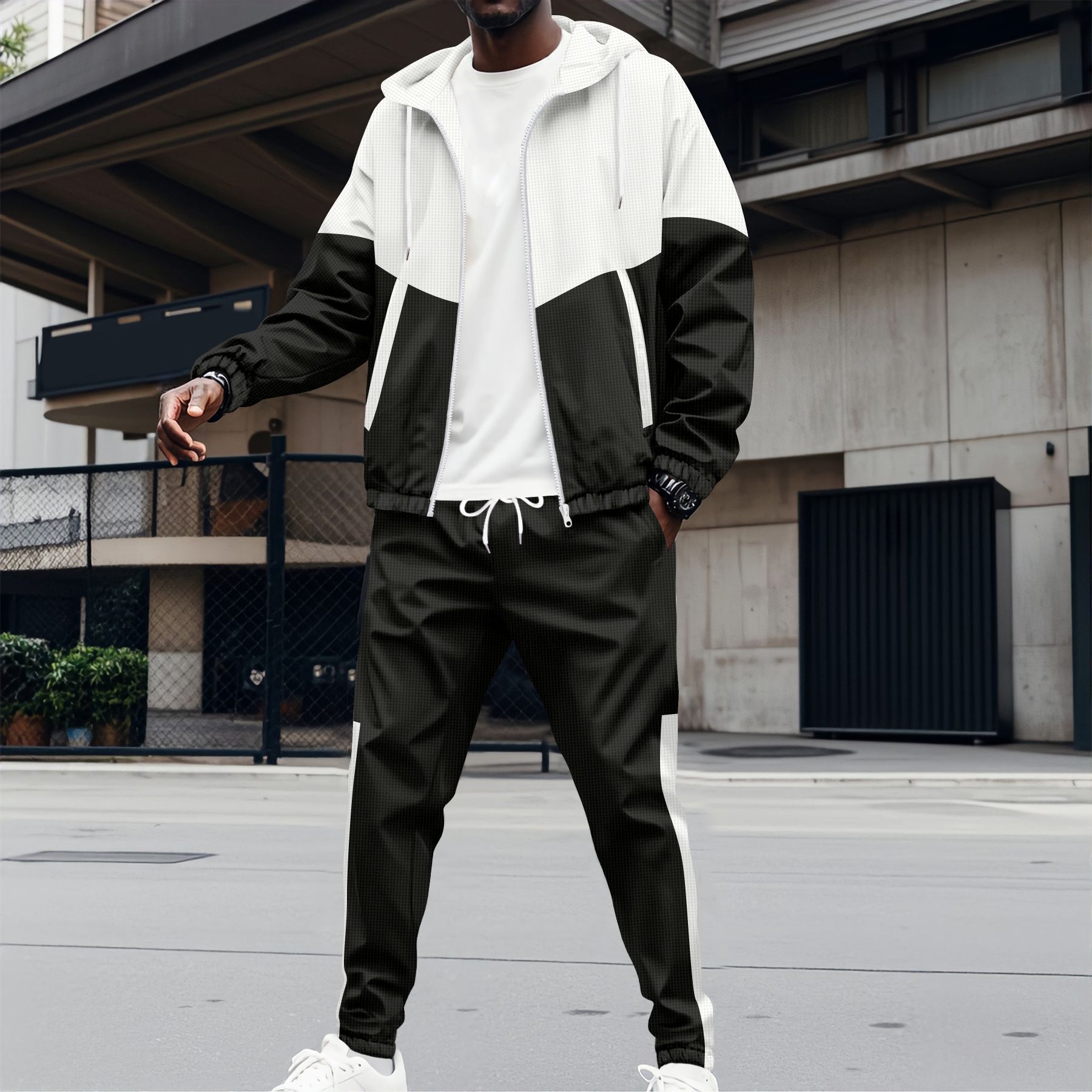 Herren-Trainingsjacke mit Kapuze, Reißverschluss, zwei Taschen, Patchwork-Design, Farbblock-Design, normale Passform, Kurzarm, elegant, aus Polyester_voghion.com