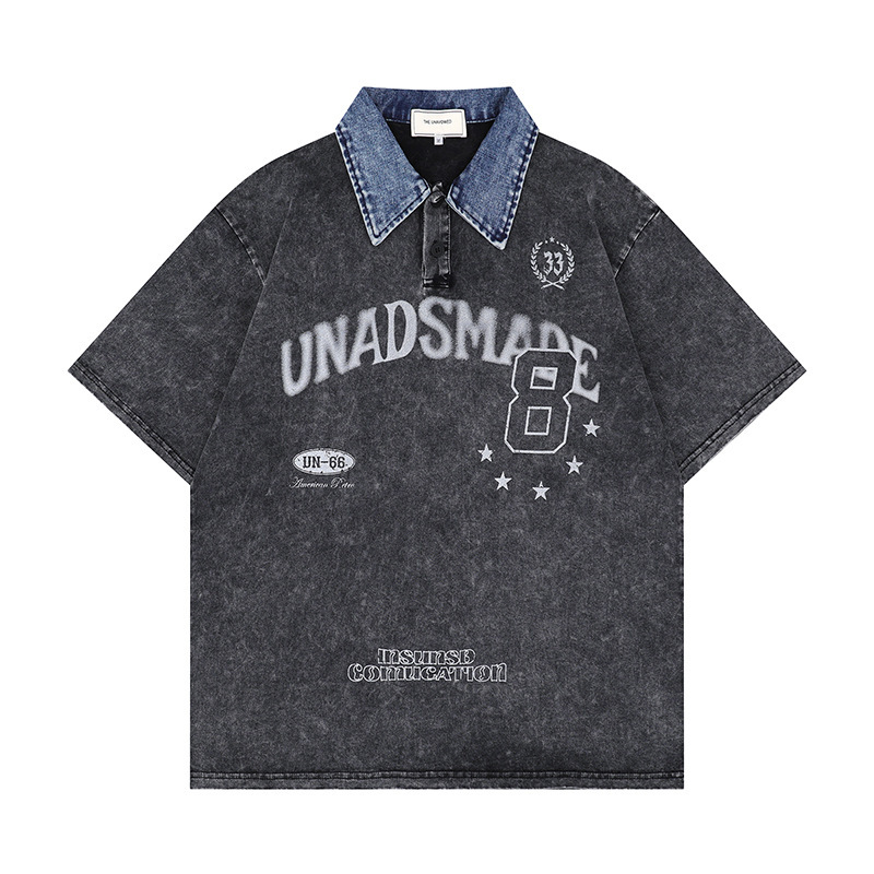 Summer New American Style Retro Washed Denim POLO Collar Short Sleeve Men's Street Fashion Brand Racing Style Design T-Shirt