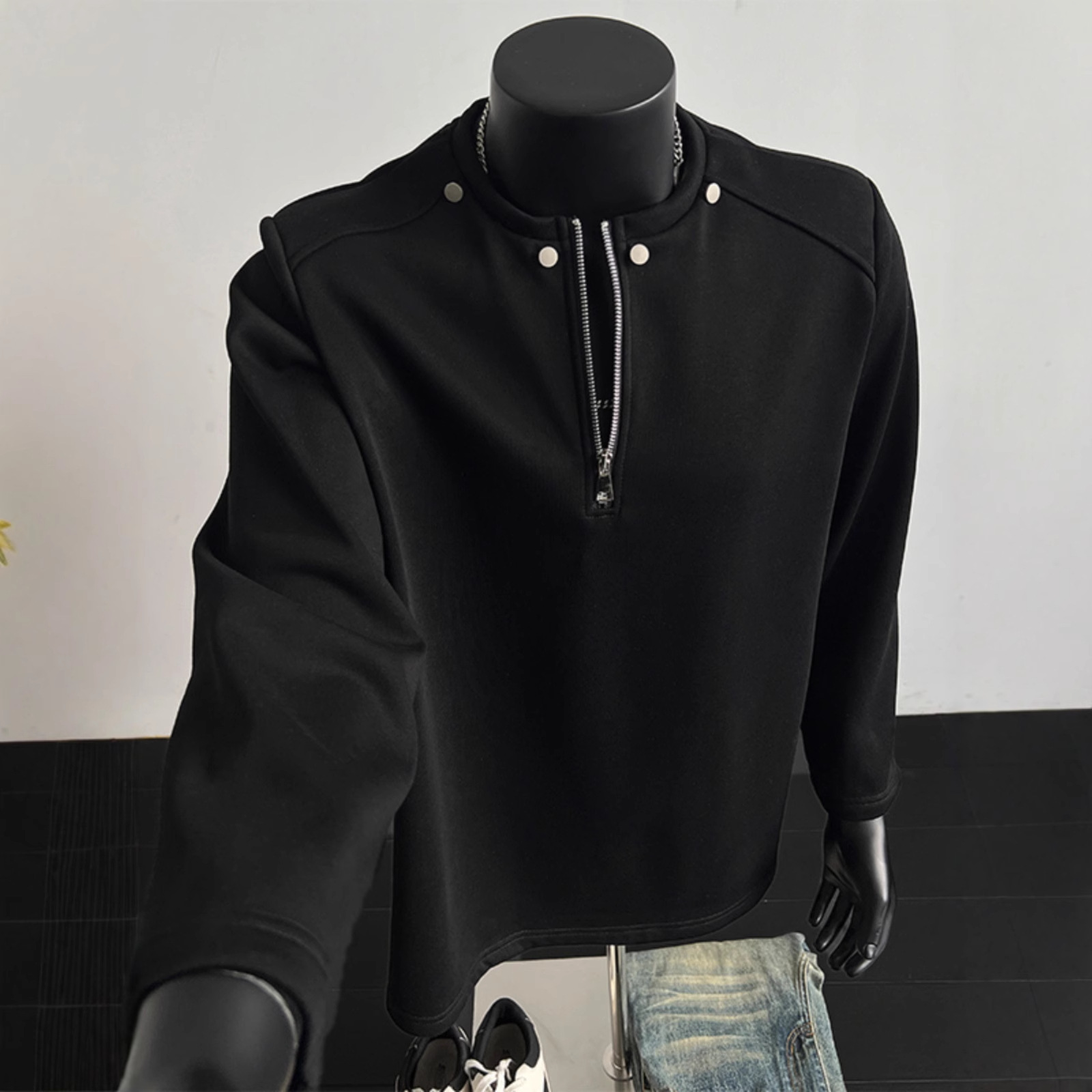 Black Half-Zip Shoulder Pad Sweatshirt Men's Spring & Fall American High Street Rivet Long-Sleeved T-Shirt Handsome Heavy Bottoming Shirt