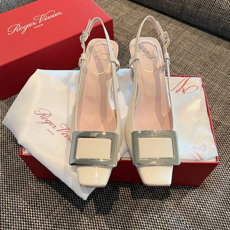 2024 Autumn Metal Square Buckle High Heels Patent Leather Chunky Heel Sandals Women's Commuting Versatile Shoes