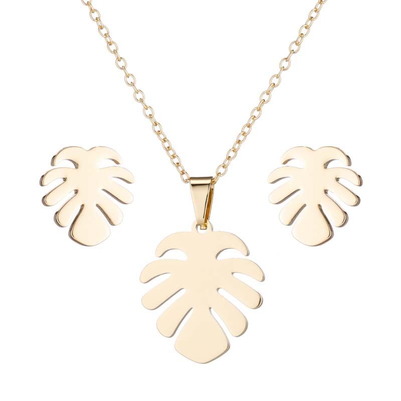 18K Gold, Real Gold Plated Plating Material PVD Coated 18K Gold Real Gold Plated Leaves 201 Stainless Steel Fashion Waterproof Non Tarnish Earrings Necklace