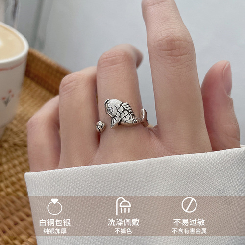 Retro ethnic style carp open ring female personality s925 sterling silver ring non-fading niche design hand ornaments