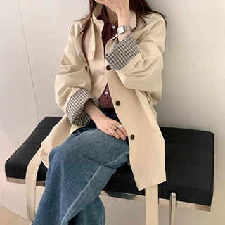 薇颂服饰2026春季女装韩系设计感撞色袖口宽松立领风衣外套女
