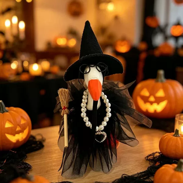 7inch Desktop Little Goose Halloween Set Black Witch Hat Glasses Necklace Broom Black Gauze Skirt Costume