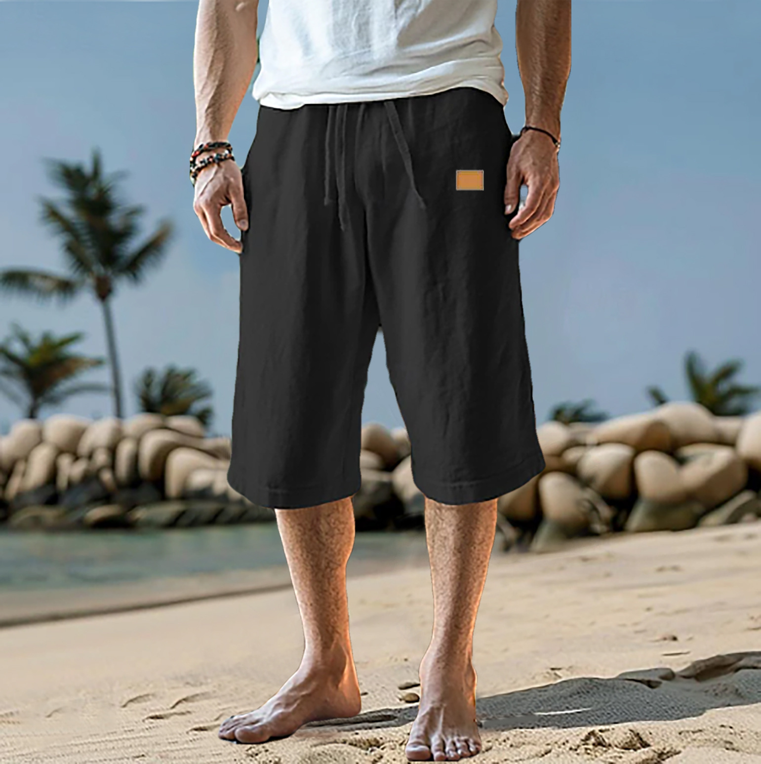 2025 New Leather Men's Cropped Shorts Summer Shorts Beach Straight Pants Solid Color Comfortable and See-Through Outdoor