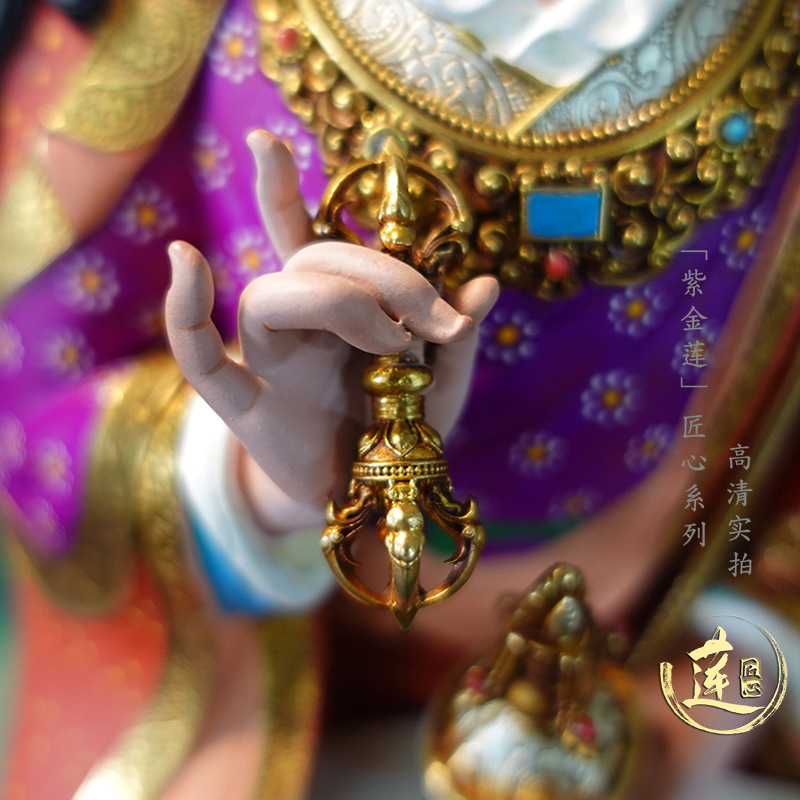 紫金蓮ネパールチベット工芸蔵伝密宗彩絵蓮師蓮花生純銅純手彫り置物|undefined