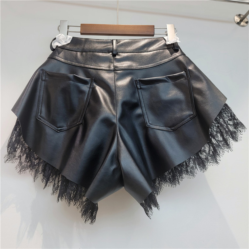 Shorts de Piel PU con Encaje de Pierna Ancha para Mujer