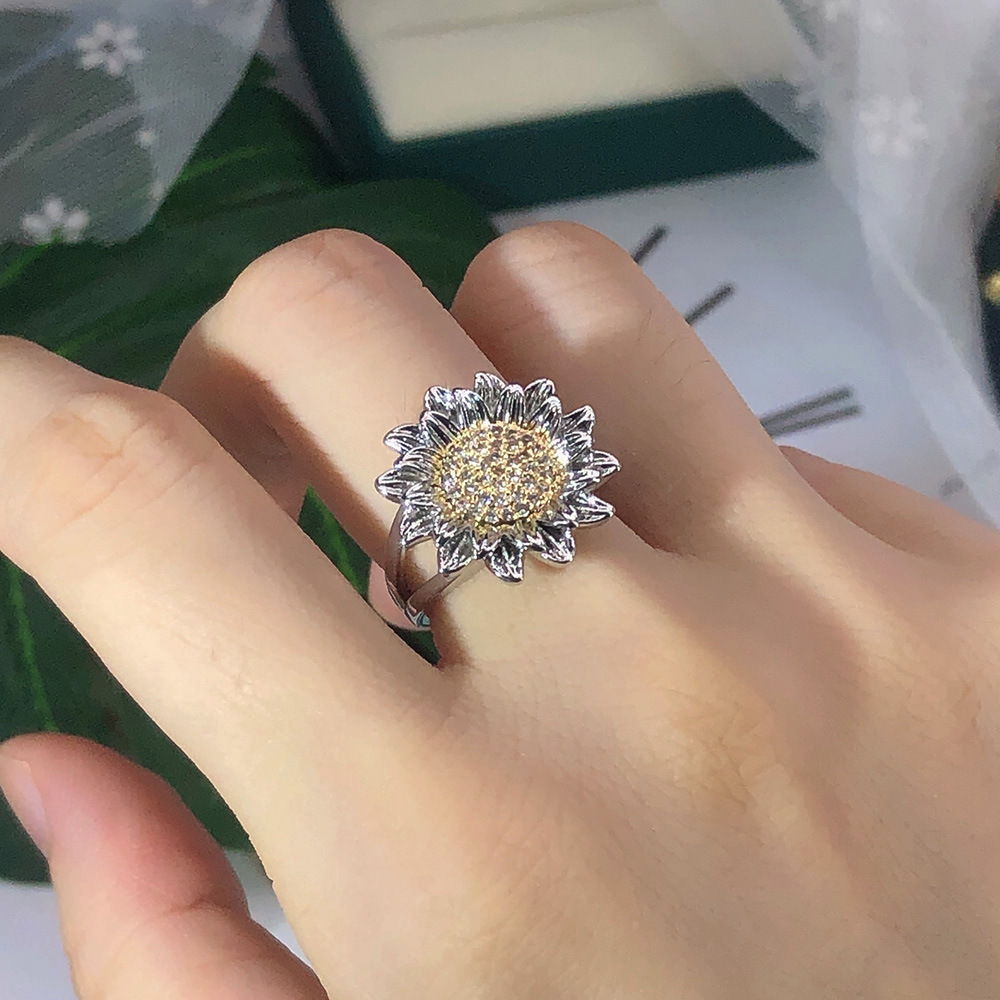 Fashion Sunflower Copper Plating Flowers Inlay Zircon Rings 1 Piece