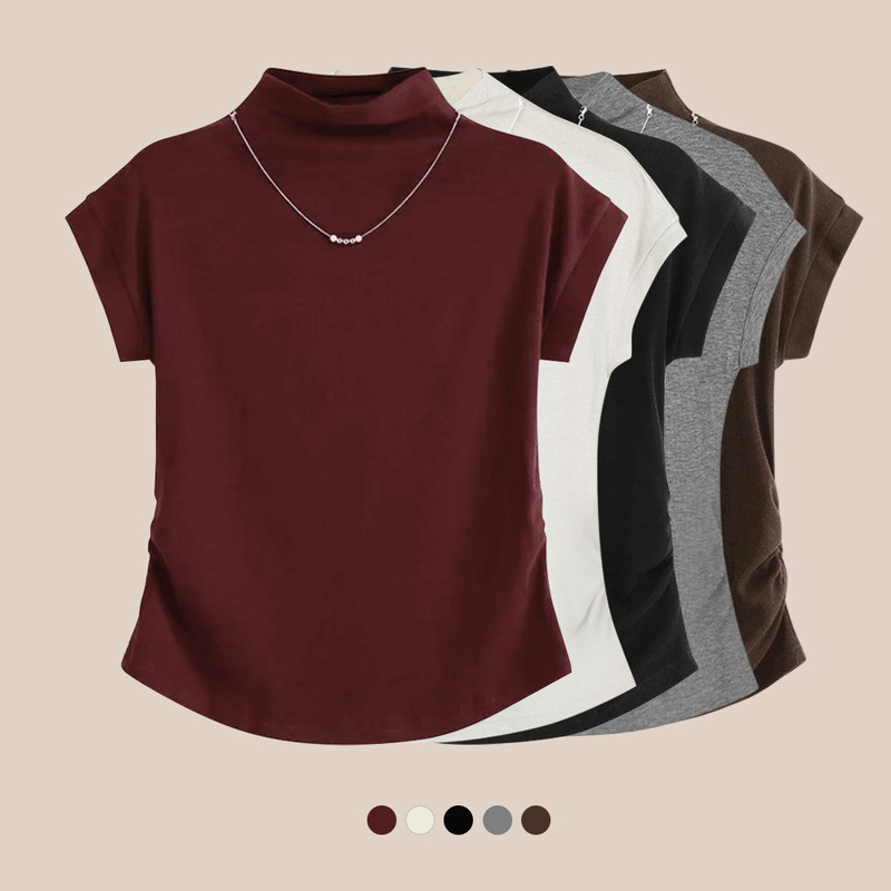 2026 New Women's Fashion Top, Half-High Collar Women's T-Shirt, Short-Sleeve Spring Style, Elegant Regular Shoulder Design, Flutter Sleeves, Waist-Cinching, Slimming Effect 2026 New Women's Fashion Top, Half-High Collar Women's T-Shirt, Short-Sleeve Spring Style, Elegant Regular Shoulder Design, Flutter Sleeves, Waist-Cinching, Slimming Effect