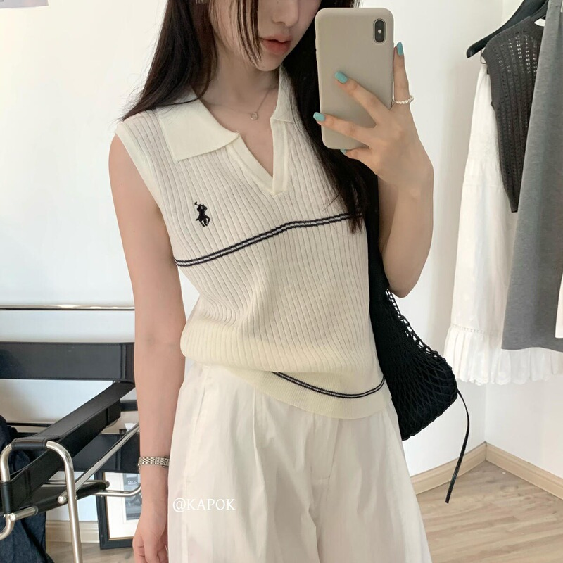 Polo Collar Sleeveless Vest Short Ice Silk Knitwear Women's Summer Korean Style Slim Pullover Design Thin Top