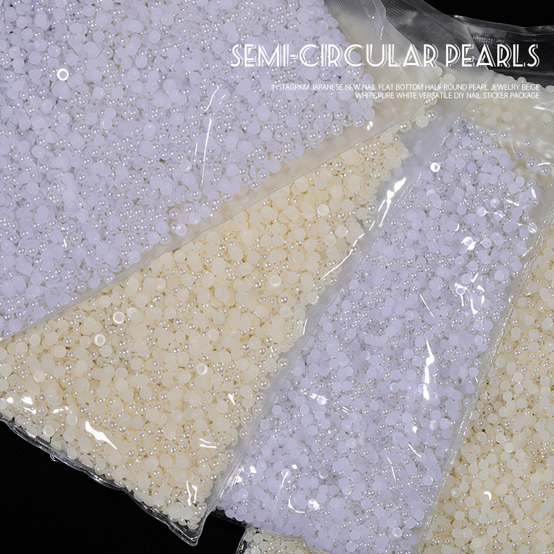 Manicuría semicircular con base plana de perlas decoraciones de arroz blanco puro blanco brillante no se desprende de la piel joyas de manicuría 11 mil paquetes al por mayor