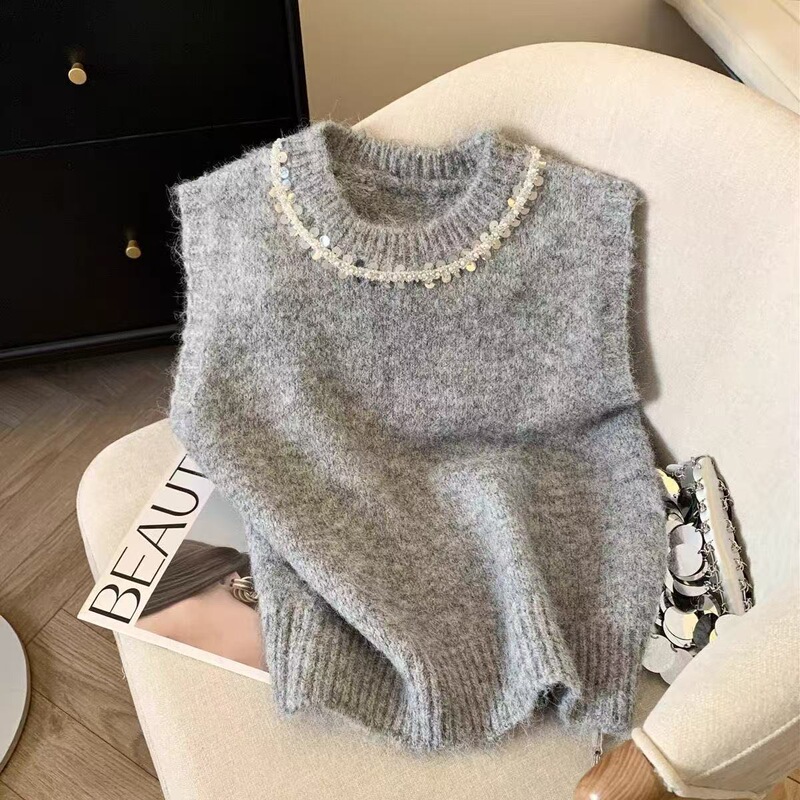 Sequin Pink Crew Neck Sweater 2025 Knitted Early Spring Waistcoat Vest New Sleeveless Vest Top