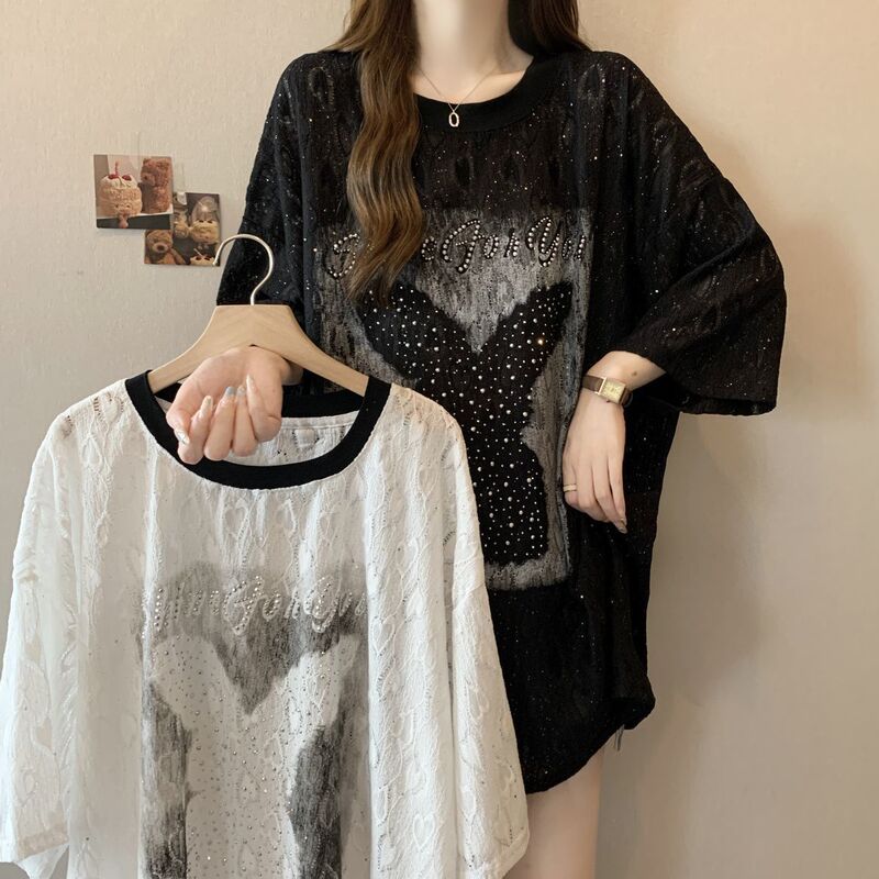Plus-Size Heavy Beaded Shiny Short-Sleeve T-Shirt for Women, 2026 Summer New Style, Loose Fit, Slimming Lace Jacquard Top Plus-Size Heavy Beaded Shiny Short-Sleeve T-Shirt for Women, 2026 Summer New Style, Loose Fit, Slimming Lace Jacquard Top