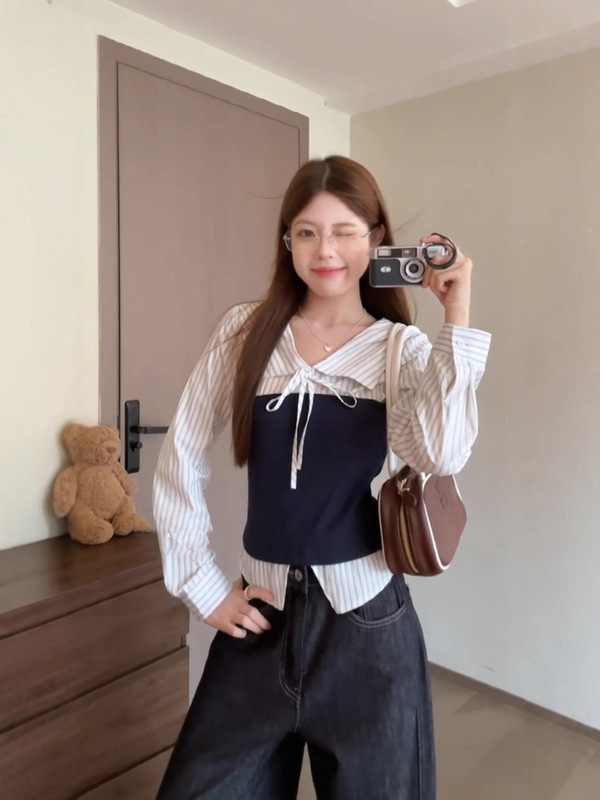 韩系条纹撞色系带翻领衬衫女秋季小众设计感别致修身显瘦长袖上衣|undefined