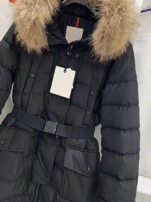 Qi Biao oversized long down jacket with a large fur collar, winter belt for a slimming effect, knee-length coat with a hood and large pockets, thickened