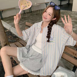 2026夏季新款甜美风贴布刺绣小狗宽松条纹衬衫女百搭休闲开衫上衣
