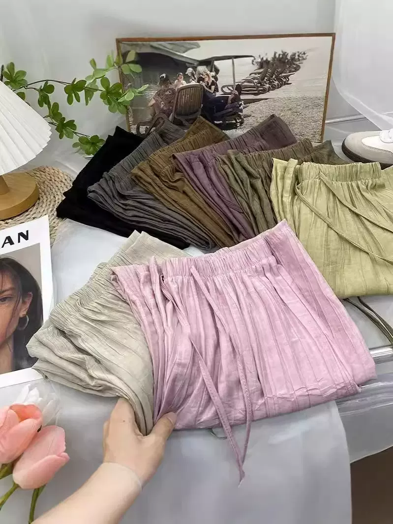天丝肌理褶皱凉凉冰丝阔腿裤女夏薄款宽松直筒显瘦垂感防晒休闲裤