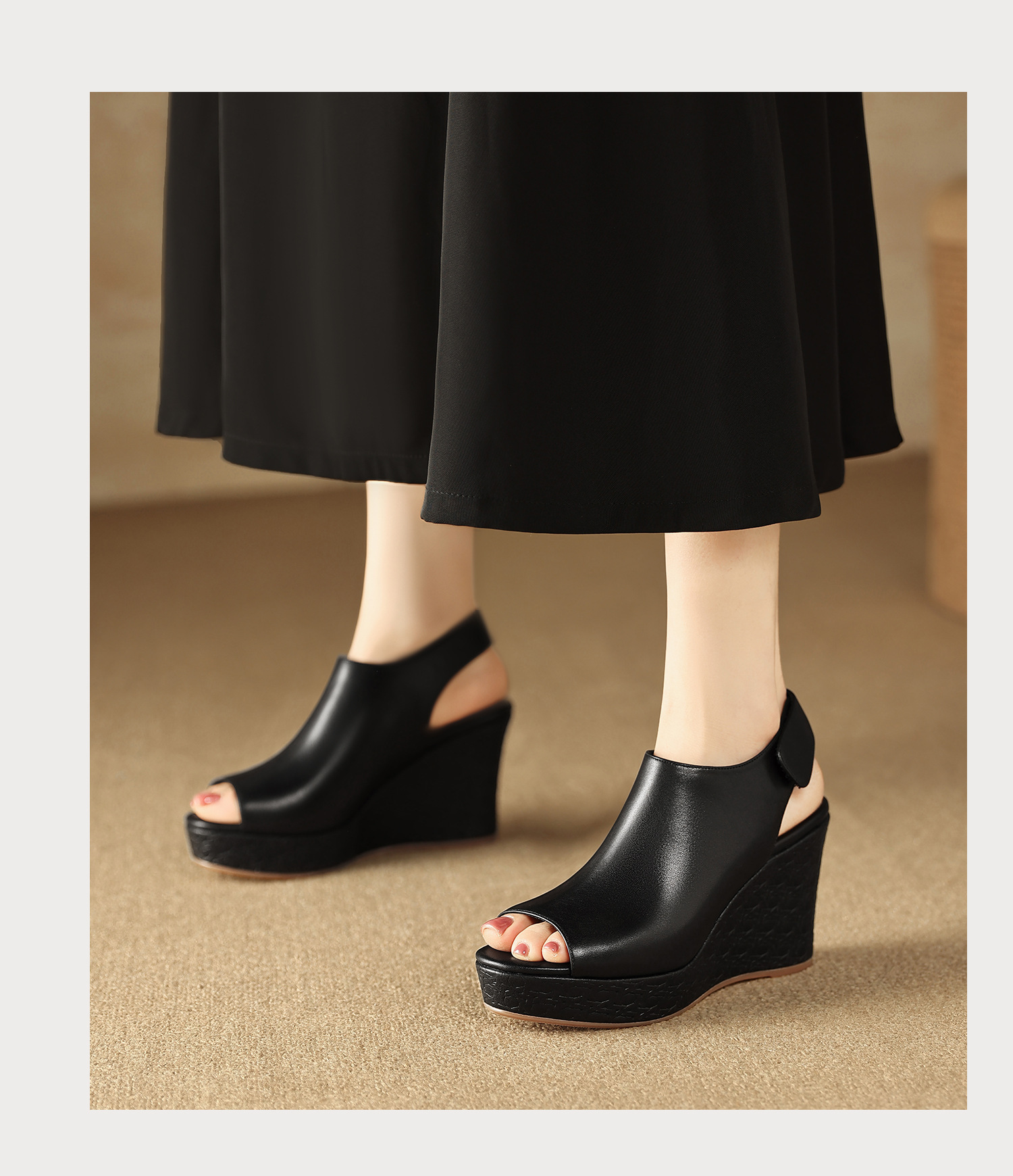 Sandal cao gót nữ quai ngang mũi hở đế xuồng gót 9 cm — màu đen, màu trắng ngà chi tiết 15