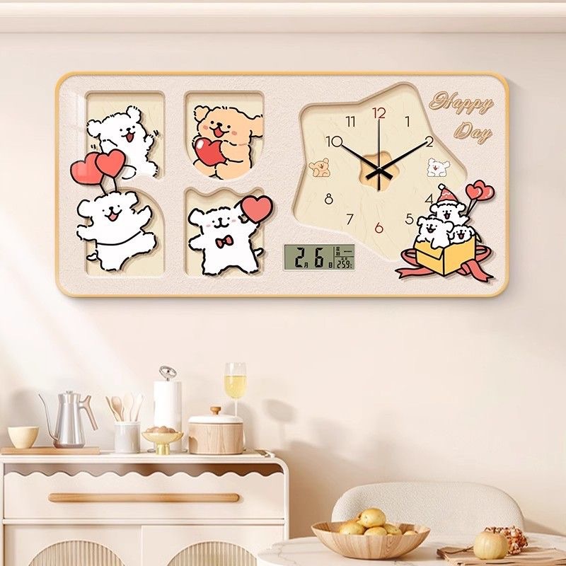 Cream Style Line Puppy Restaurant Decoration Painting 2025 New Living Room Home Digital Perpetual Calendar Clock Wall Clock Painting