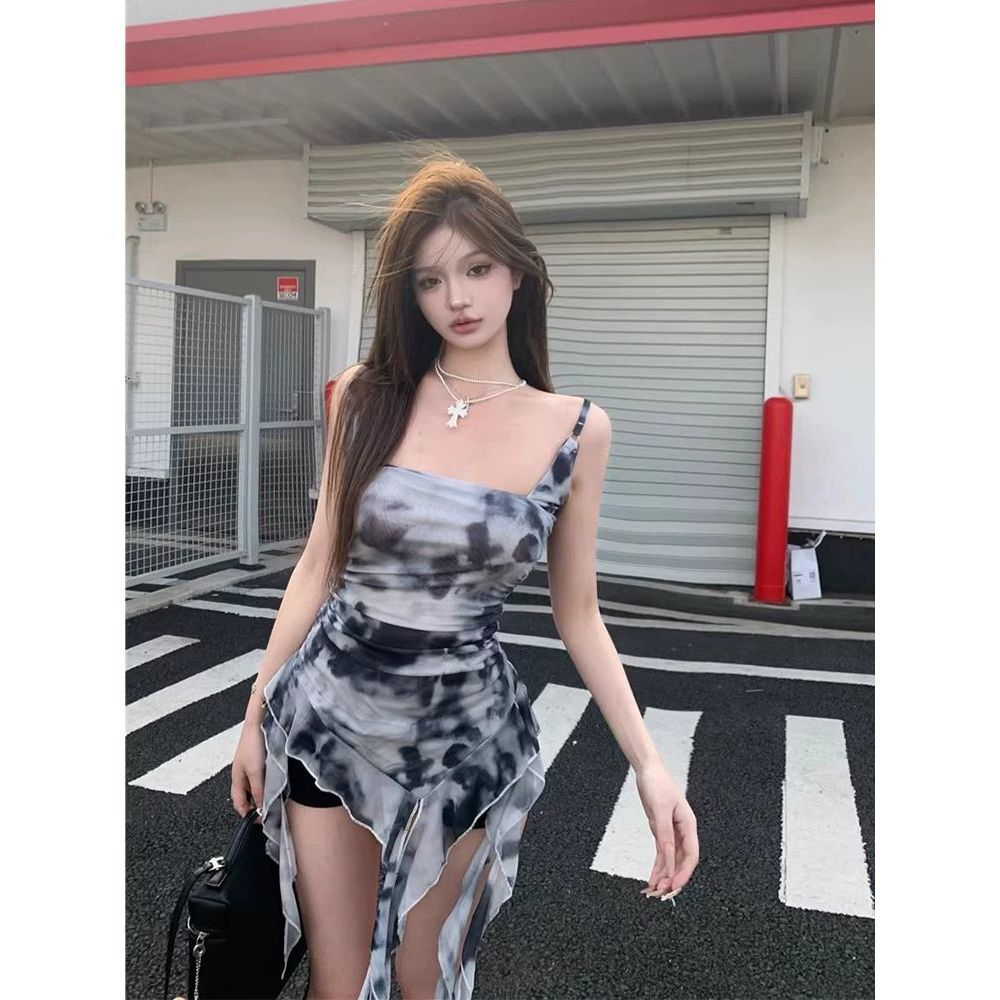 2025法式辣妹復古暈染荷葉邊吊帶背心夏季小眾設計不規則修身上衣