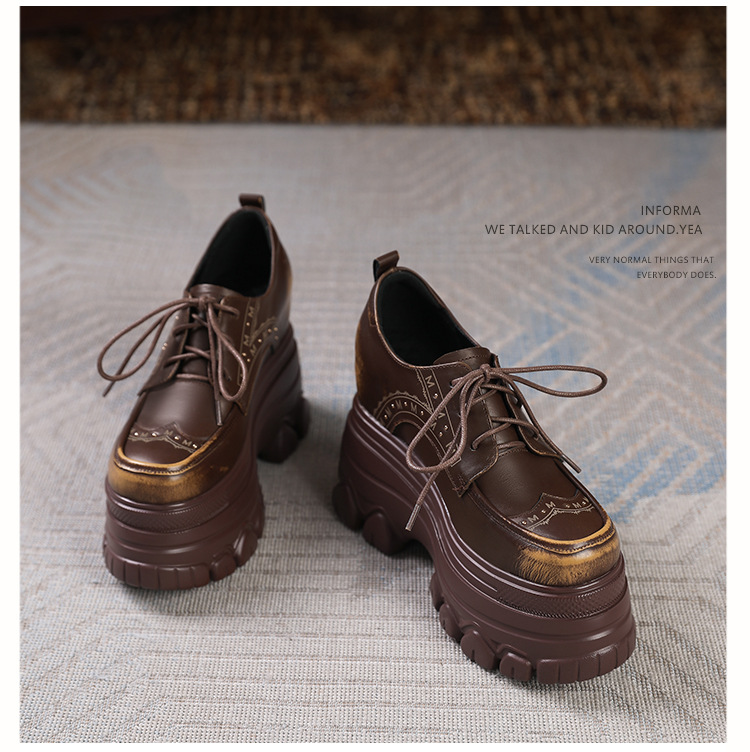 Giày sneaker nữ đế dày phong cách Anh quốc cổ điển, dây buộc, gót 12 cm — màu nâu chi tiết 15