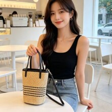 度假风草编手提小托特包女2026新款海边沙滩编织包百搭斜挎饺子包